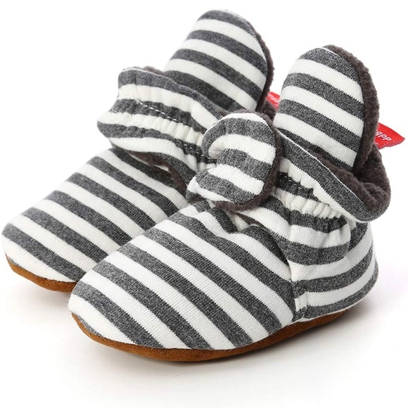 Unisex-Baby White and Grey Stripes Fleece Booties Socks Non Skid Gripper Bottom - Picture 2 of 12